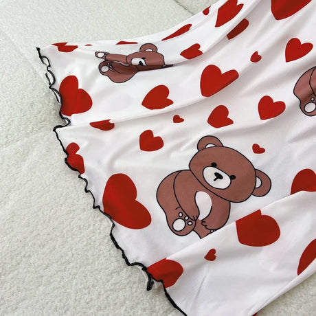 Summer Women Satin Sleepdress Cute Teddy Bear Butterfly Heart Floral Pinting Sleepwear Ladies Sexy Sling Ruffled Hem Loungewear