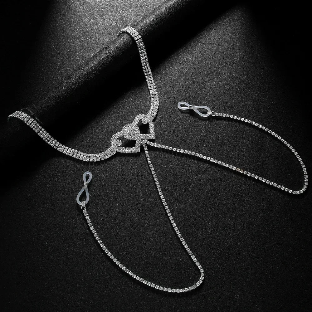 Sexy Double Heart Nipple Chain Necklace for Women Bikini Lingerie Festival Clothing Rhinestone Chest Chain Nightclub Jewelry