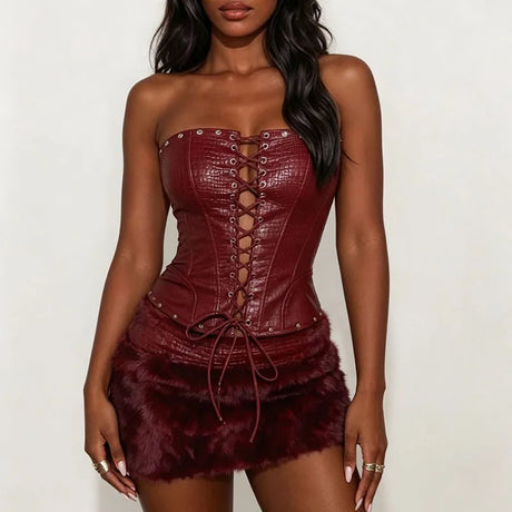 Elegant Sleeveless Slim Mini Skirt Outfits Sexy Strapless Bandage Lace-Up Vest & Skirt Set Women Fashion Fur Splicing Solid Suit