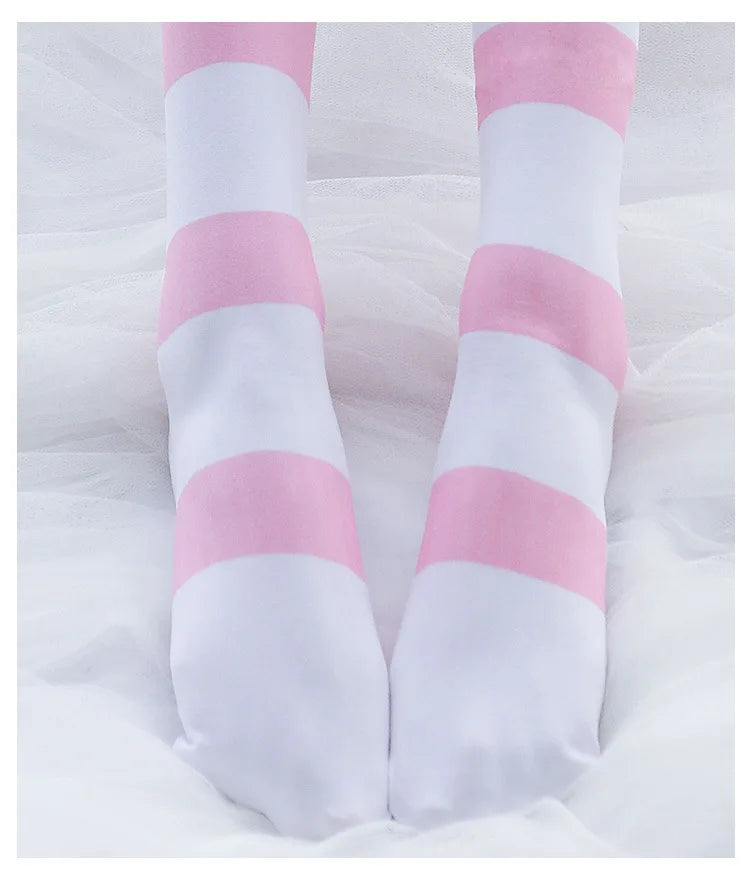 Lolita Over Knee Socks Pink Strip Kawaii Cat Paw Print Stockings Lolita Gothic Velvet Over The Knee Thigh High JK Long Stockings