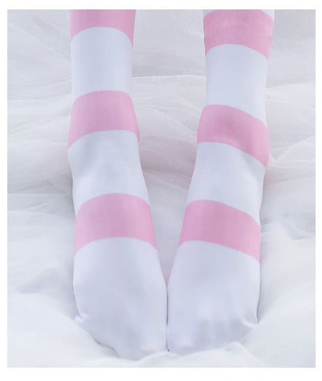 Lolita Over Knee Socks Pink Strip Kawaii Cat Paw Print Stockings Lolita Gothic Velvet Over The Knee Thigh High JK Long Stockings