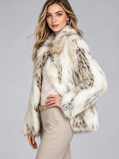 LIMO Women White Grey Spotted Faux Fur Notch Open Front Long Sleeve Cropped Fluffy Warm Winter Loose Fashion Daily Coat