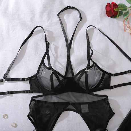 Ellolace See Through Sexy Lingerie Exclusive Halter Belt 3PC Stockings Luring Silver Cross Rhinestone Backless Harness Underwear