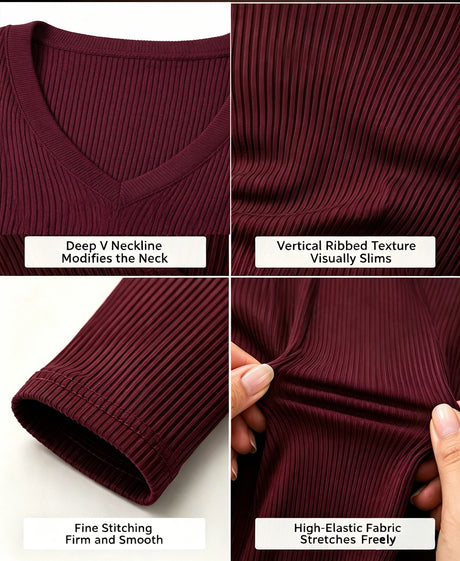 Women High Stretch Ribbed Knit Long Sleeve Jumpsuit Deep V Neck Slim Fit Tight Full Length Bodysuit Pants Casual Club Outfit