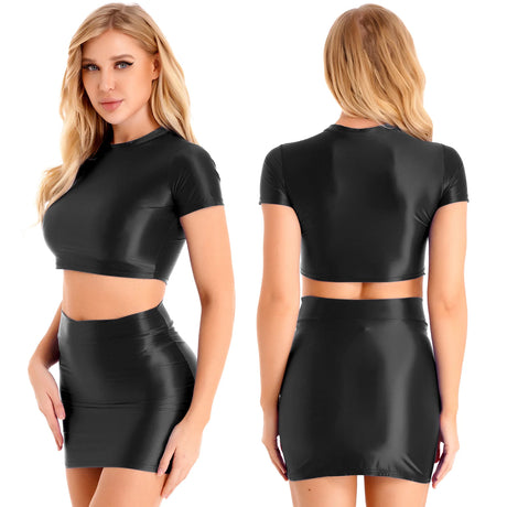 Womens Glossy Two-piece Outfit Oil Shiny Smooth High Waist Mini Skirt with Tank Top Nightclub Rave Outfit Pole Dancing Clubwear