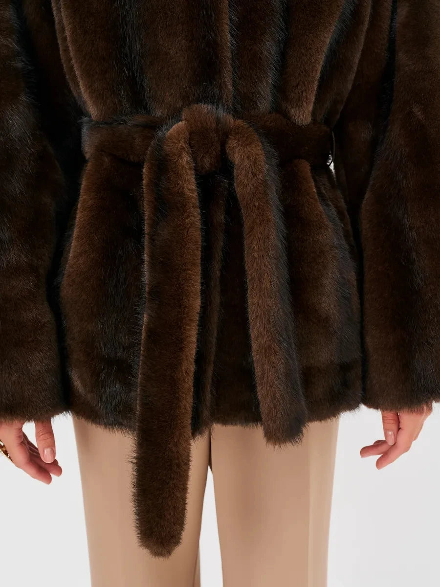 2026 Autumn Winter Women Faux Mink Fur Coat Lapel Collar Belted Long Jacket Luxury Fluffy Outerwear Brown