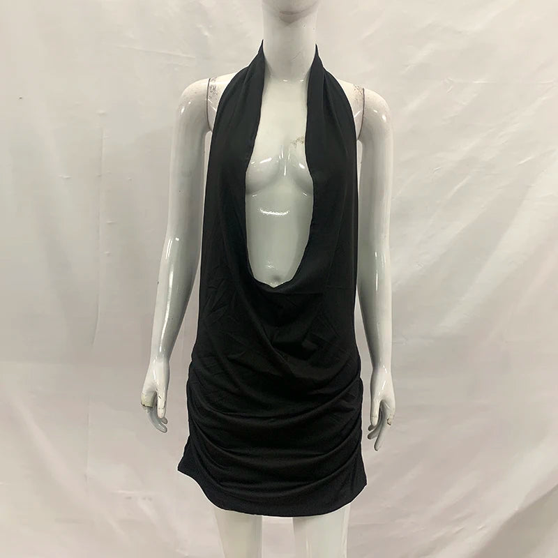 Summer Sexy Solid Color Deep V-Neck Backpack Hip Dress Elegant Fashionable Mini Skirt for Party Hanging Neck Design