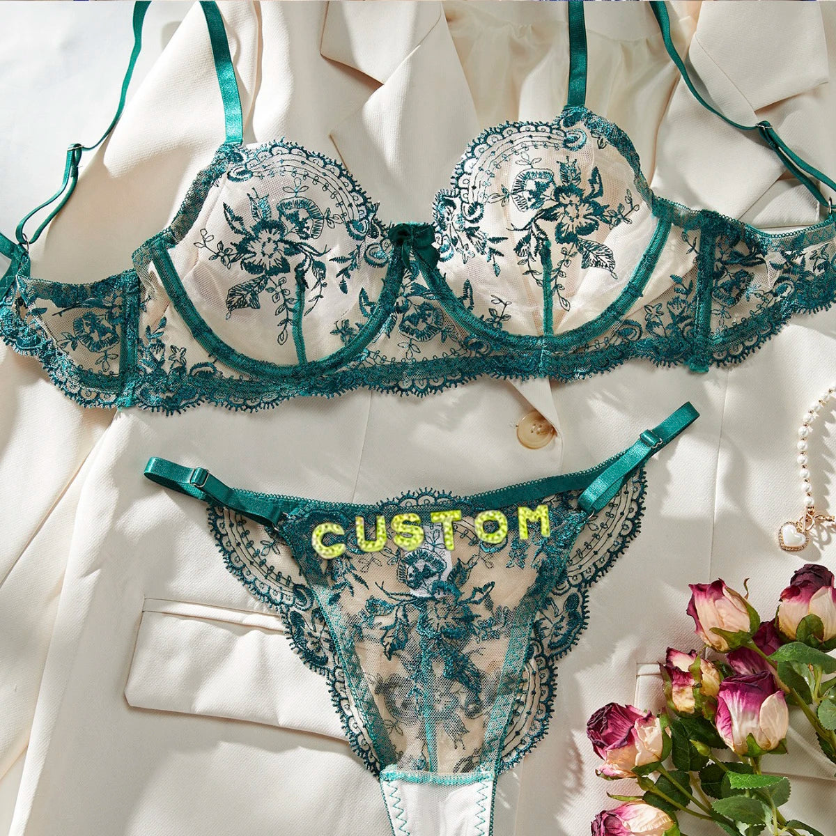 Sexy Custom Thong Name Embroidery Lingerie Set Customized Women Name Thong Sheer Bra + Brief Underwear Set Personalized Gift