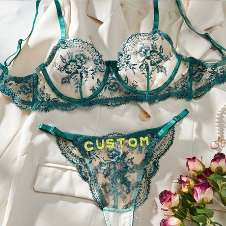 Sexy Custom Thong Name Embroidery Lingerie Set Customized Women Name Thong Sheer Bra + Brief Underwear Set Personalized Gift