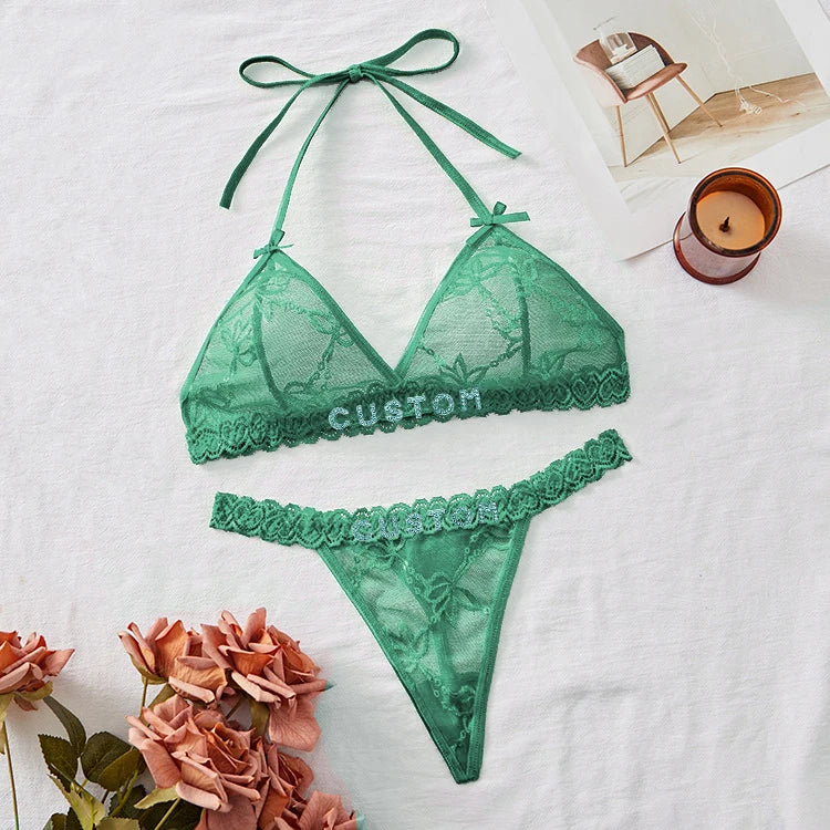 NEW Custom Name Thongs Lingerie Personalized Bra Thong Sets Sexy Lace Underwear Valentines Day Hotwife Gift Plus Size G-string