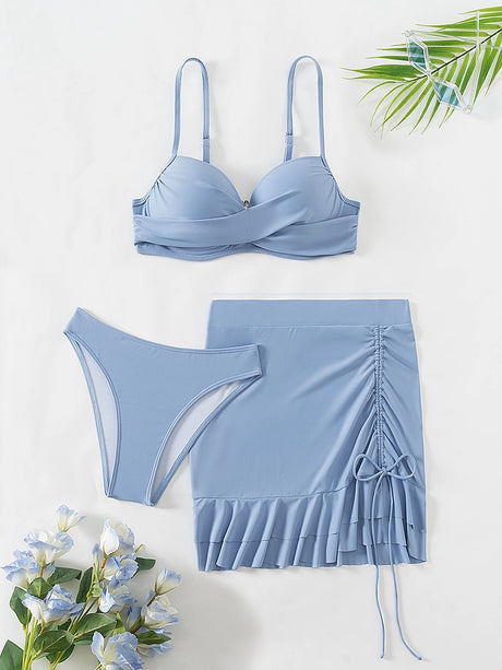 Color Hard Bag Three Piece Bikini Swimsuit Polyester Casual Surfing Suit with Steel Support And Chest Pad