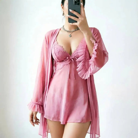 Women White Floral Sheer Mesh 3 Piece Lingerie Robe Set Ruffle Sleeve Front Robe V Neck Nightgown Matching Thong Sleepwear MQ1I