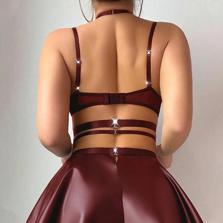 Sexy Metal Chain PU Leather Lingerie Set Women Bra Skirt Garter Belt Crotchles Panties Erotic Role Play Halloween Costume Outfit