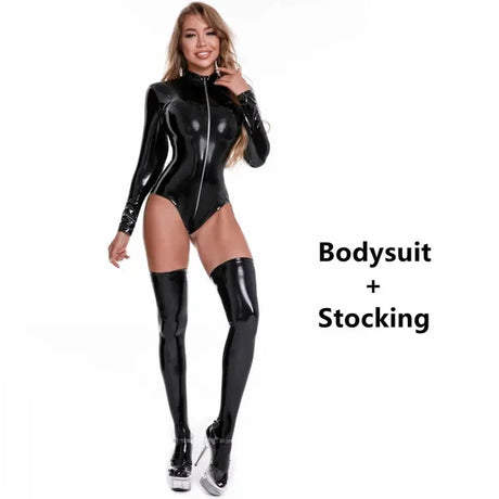 Women Double Zipper Sexy Open Crotch Leather Bodysuit For Erotic Below Crotchless Catsuit Ladies Shiny Latex Bodysuit