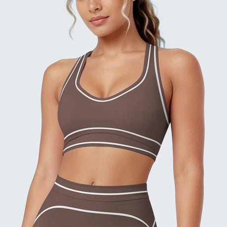 Women's Yoga Bra Vest Fitness Tank Running Workout Gym Top Push Up Padded Soft Slim Contrast Piping Racerback Sports Underwear