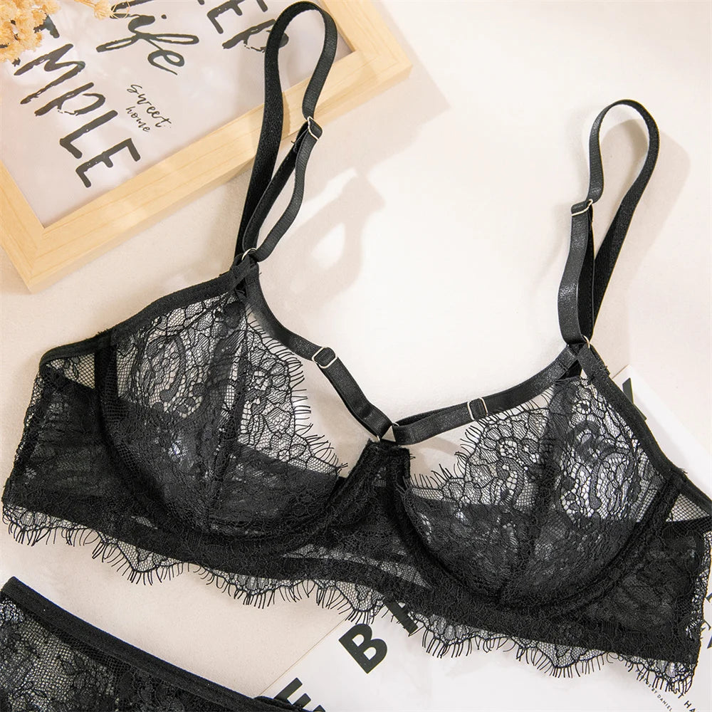 Krasapt Fancy Lace Sexy Lingerie 4 Pcs Sets Sexi Hollow Out Sheer Bras And Thongs Garter Suits With Peplum Skirt Erotic Outtits