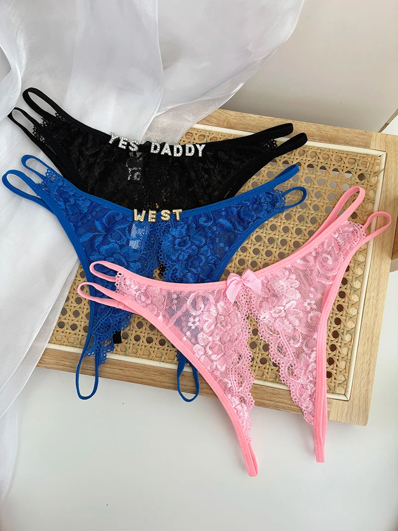 Custom Name Crystal Letter Briefs Sexy Lace Crotchless Knickers Hollow Waist Panties Open Gear Underpants Girlfriend Wife Gift