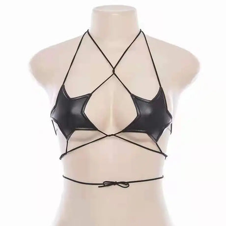 Sexy Women Leather Star Shape Strappy Bra Bustier Crop Top Bralette Hanging Neck Bandage Bra Reflective Silver Nightclub Vest