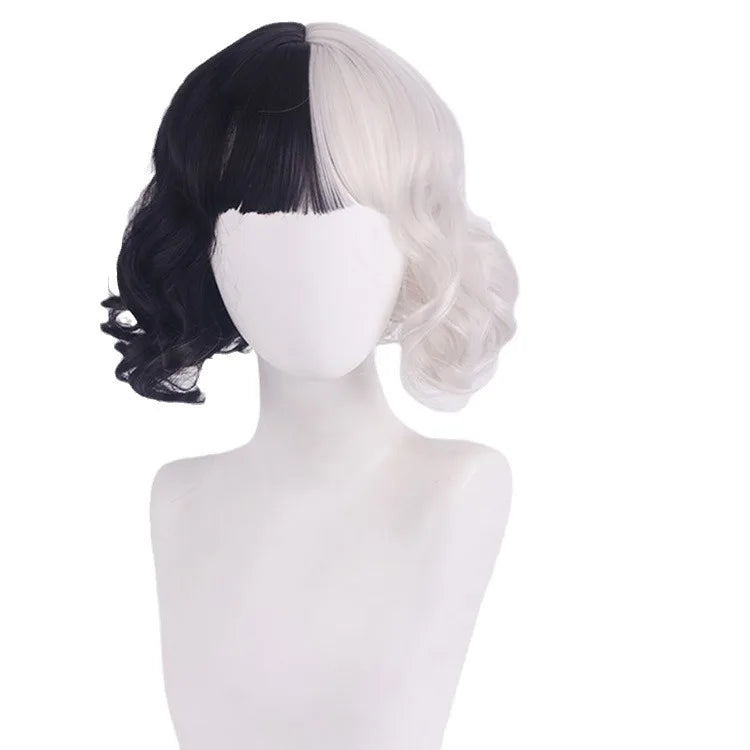 Cosplay Halloween Party Wigs CRUELLA Deville De Vil Black White With Bangs Short Bob Hair for Women Heat-Resistant Synthetic Wig