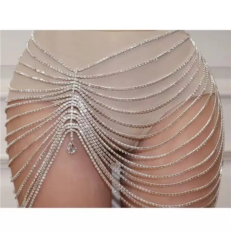 Sexy Shiny Tassel Crystal Waist Chain Women's Jewelry Fashion Luxury Nightclub Bridal Party Water Drop Pendant Body Chain