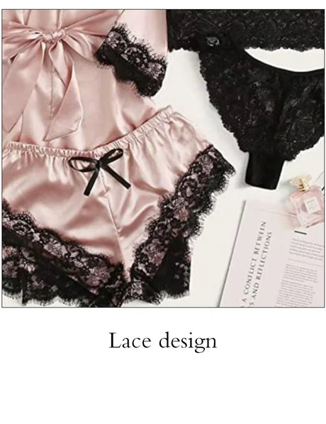 4 Pieces Woman Sleepwear Pajamas Ser With Robe Sexy Lace Lingerie Bathrobe Silk Satin Home Clothed Nightwear Robe
