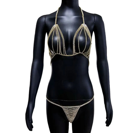 A set of women's sexy shiny rhinestone bra chain waist chain fashionable party crystal bikini set