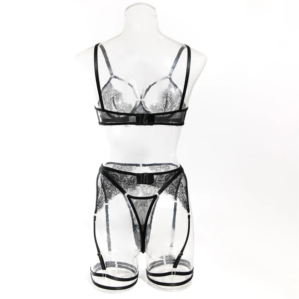 Krasapt Fancy Lace Sexy Lingerie 4 Pcs Sets Sexi Hollow Out Sheer Bras And Thongs Garter Suits With Peplum Skirt Erotic Outtits