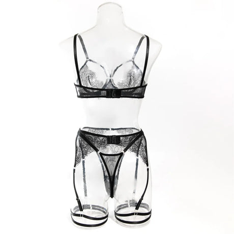 Krasapt Fancy Lace Sexy Lingerie 4 Pcs Sets Sexi Hollow Out Sheer Bras And Thongs Garter Suits With Peplum Skirt Erotic Outtits