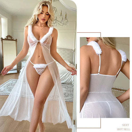 Deep Front-button Sexy V Mesh Long Dress Alluring See-through Furry Strap Robe With Thong Set Seductive Outfit For Women 6JBP