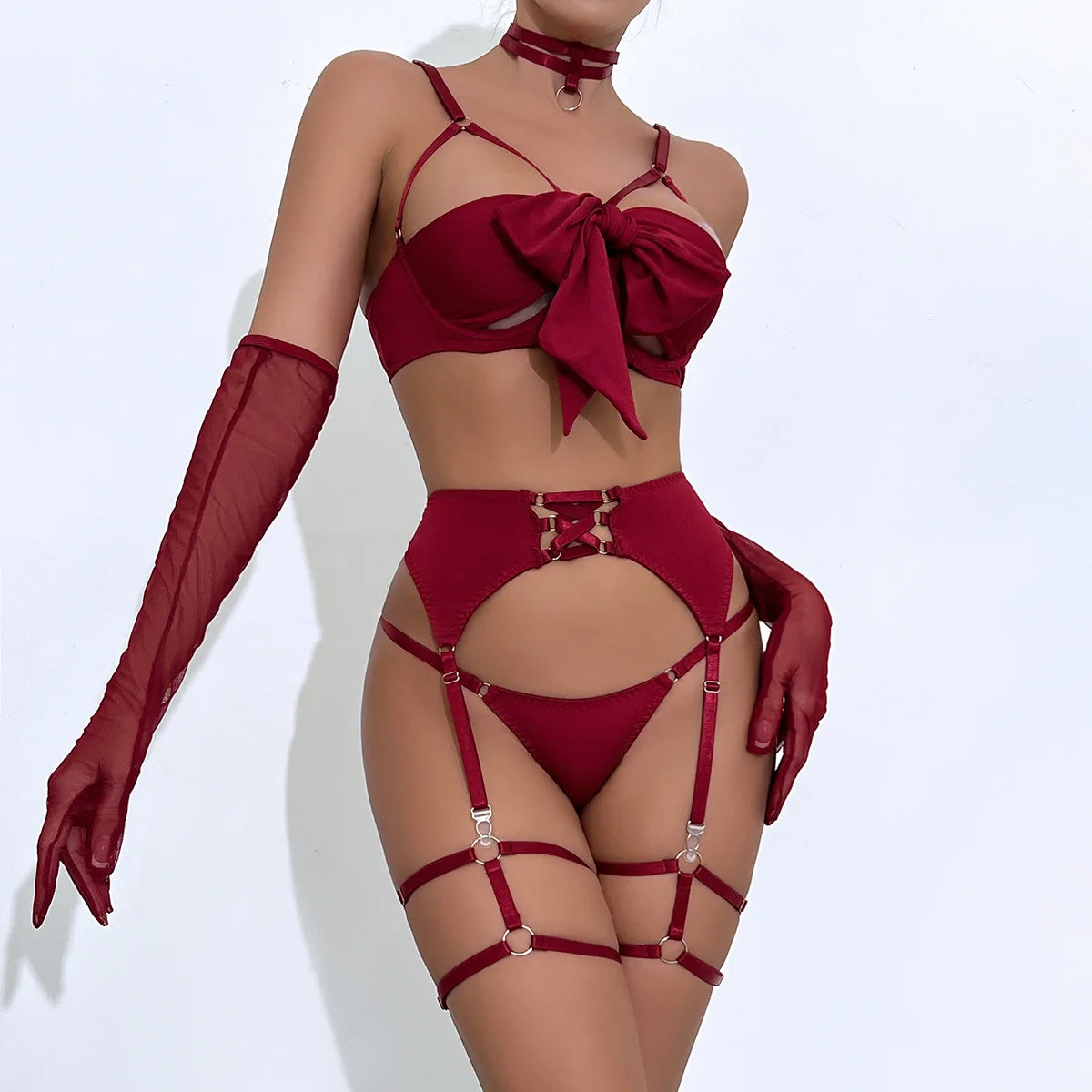 Cupless Lingerie Set Silk Bra Thigh Straps 3Piece Satin Bowknot Erotic Underwear for Women
