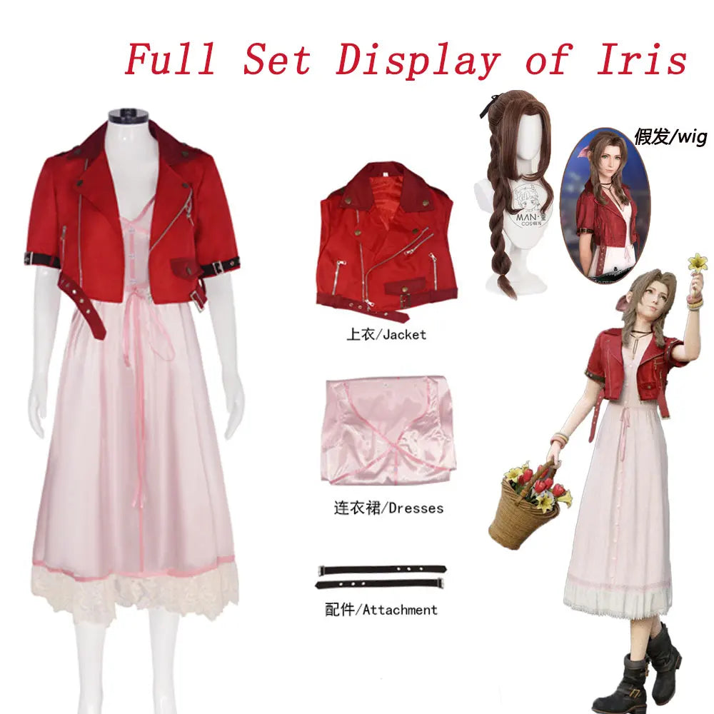Fantasy VII Cosplay Game FF7 Aerith Gainsborough Cosplay Costume Aerith Coat and Dress Full Set Halloween Party Outfits