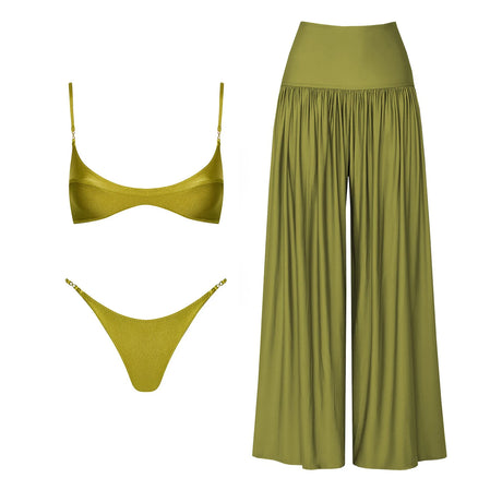 Bandeau 3Pcs Biquini Sexy Bikini Women Swimsuit Push Up Swimwear Female Strappy Bathing Suits Green Bodysuit Beachwear Swim Suit