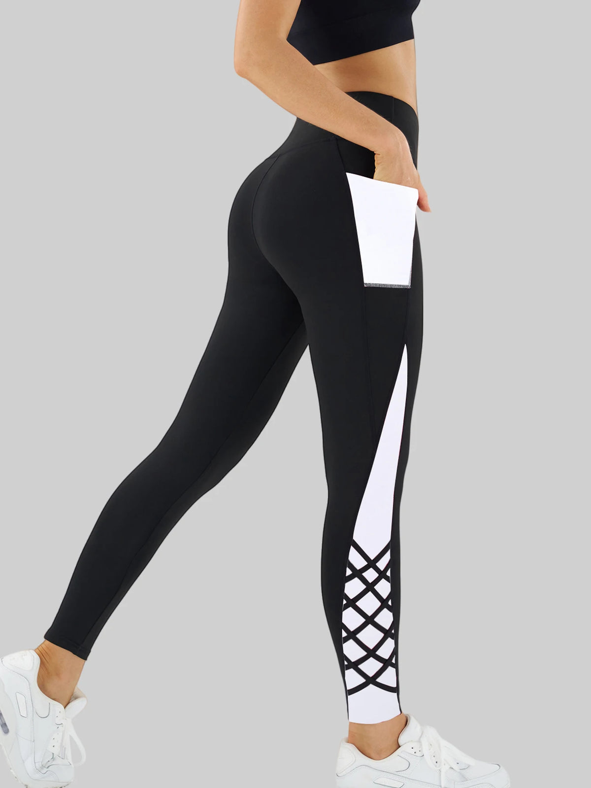 Contrast Geometric Print Pocket Yoga Leggings for Women, High Waist Compression Workout Gym Fitness Trousers