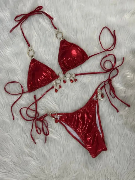 New 2026 Luxury Rhinestones String Bikinis Set Women Summer Beach 2 Piece Swimsuit Female Triangle Swinwears