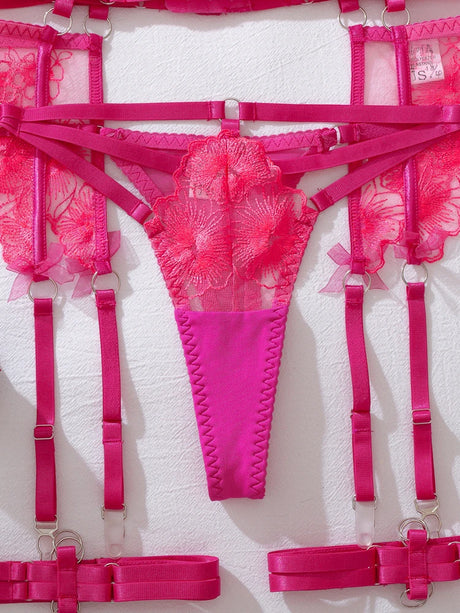 Premium Rhinestone Chain Embroidered Lingerie Set for Women 3PC Sexy Shiny Cougar Design with Leg Rings Attractive Underwear
