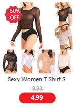 Sexy Women T Shirt See Through Mesh Black Long Sleeve Bodysuit Sheer Slim Turtleneck Tulle Crop Top T-Shirt Transparent Clubwear