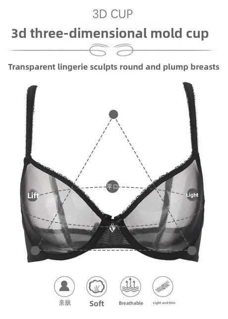 Transparent Bra Fully Sheer Mesh Bra Ultra-thin See-through Soft Underwire Bra Breathable Ultra-thin Beauty Back Sexy Bra