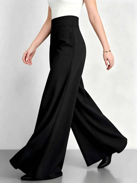 Elegant Women High Rise Pleated Palazzo Pants Solid Multi Color Loose Fit Flare Long Trousers Business Office Work Wear Wide Leg