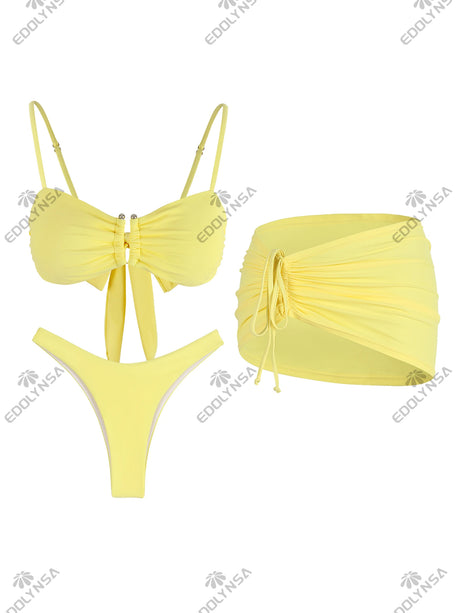 Butter Yellow 3 Piece Bikini Drawstring Ruffle Swimsuit U Neck Bathing Suit with Mini Skirt Cover Up Beach Vacation Outfit K246