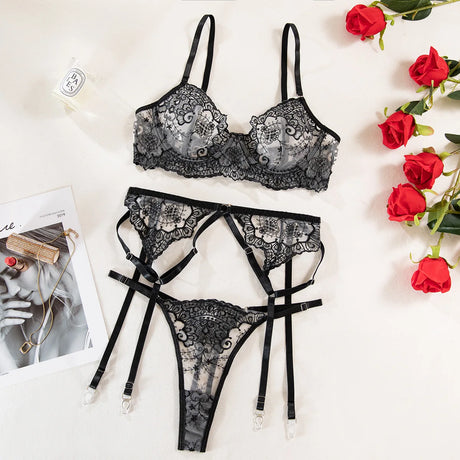 Krasapt New Embroidery 3 Items Sexy Lingerie Set Intimates Porn Female Underwear Uncensored Red Erotic Lingerie Sex Shop