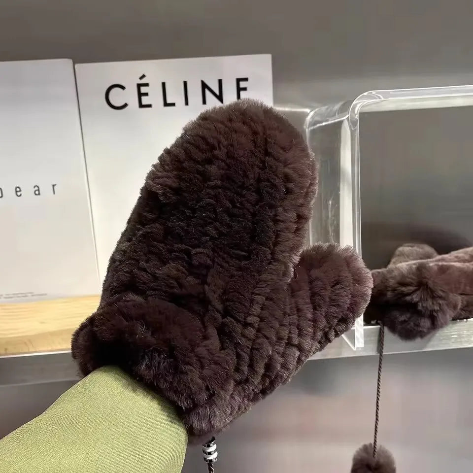Hot Sale Women's 100% Natural Rabbit Fur Winter Gloves Warm Knit Thick Thermal Mittens Soft Real Fur Outdoor Cold Weather Glove