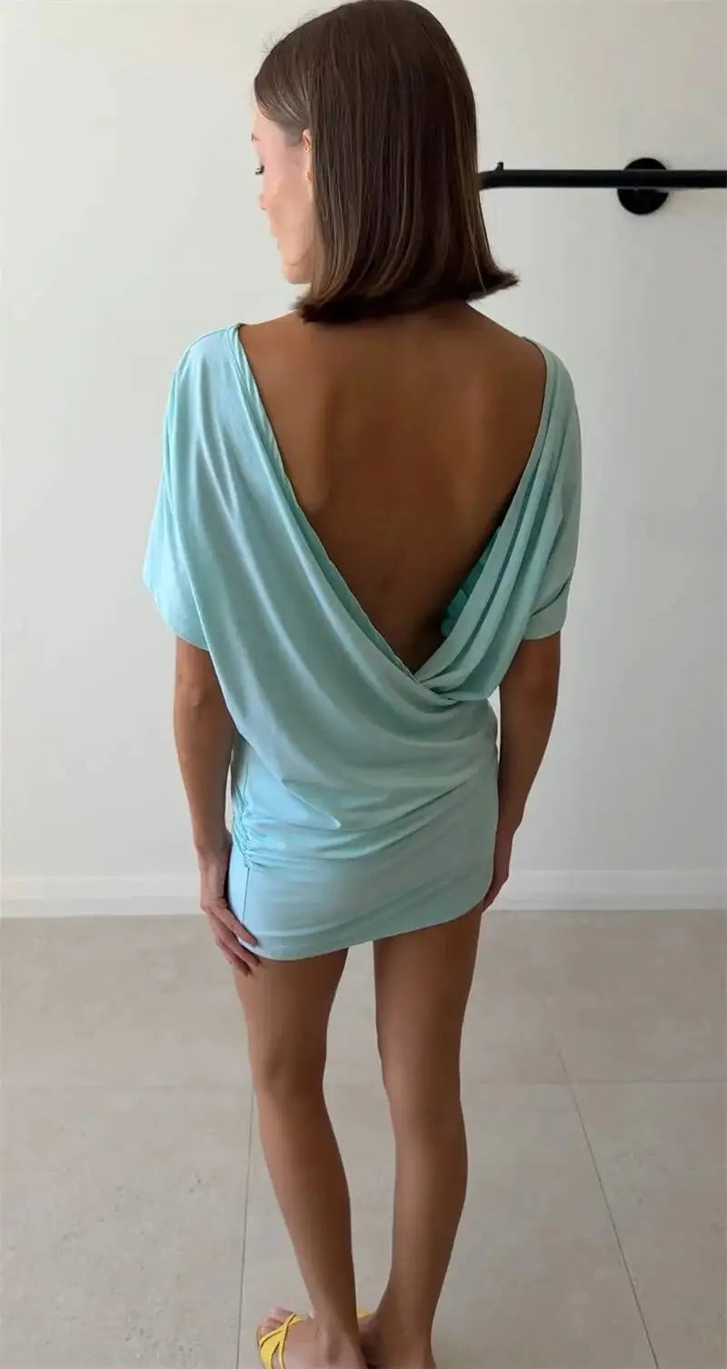 Mozision Deep V Neck Warp Sexy Mini Dress Women Elegant Short Sleeve Backless Ruched Bodycon Club Party Dress Female Clubwear
