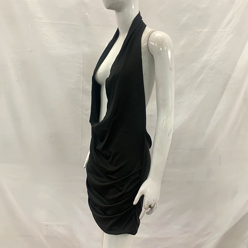 Summer Sexy Solid Color Deep V-Neck Backpack Hip Dress Elegant Fashionable Mini Skirt for Party Hanging Neck Design