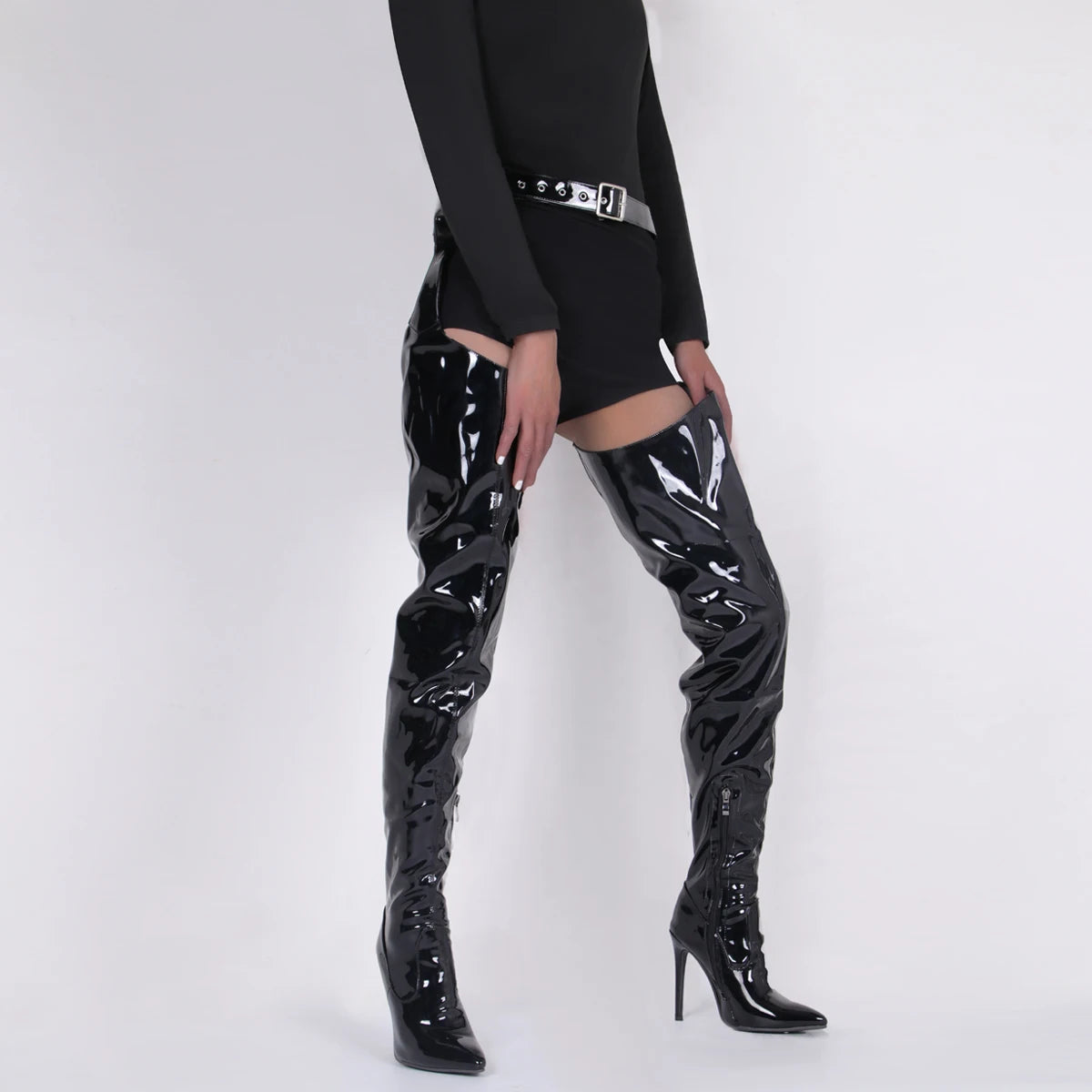 White Sexy Stiletto Heel Belt Buckle Over The Knee Boots Big Size 41-46 Pu Leather Thigh High Boots Shoes