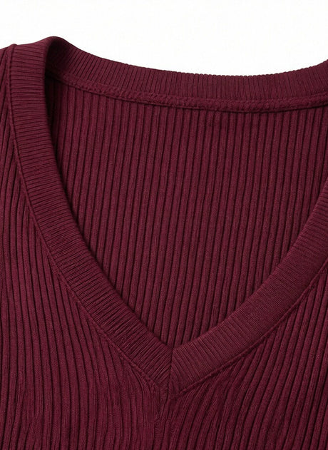 Women High Stretch Ribbed Knit Long Sleeve Jumpsuit Deep V Neck Slim Fit Tight Full Length Bodysuit Pants Casual Club Outfit