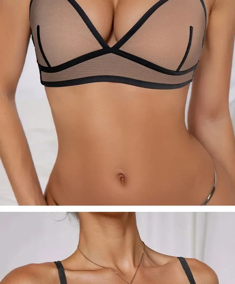 Sexy Transparent Ladies' Brassiere Three-piece Women's Bra Small Bust Mesh Lingerie Ultra-thin Triangle Double Shoulder Straps