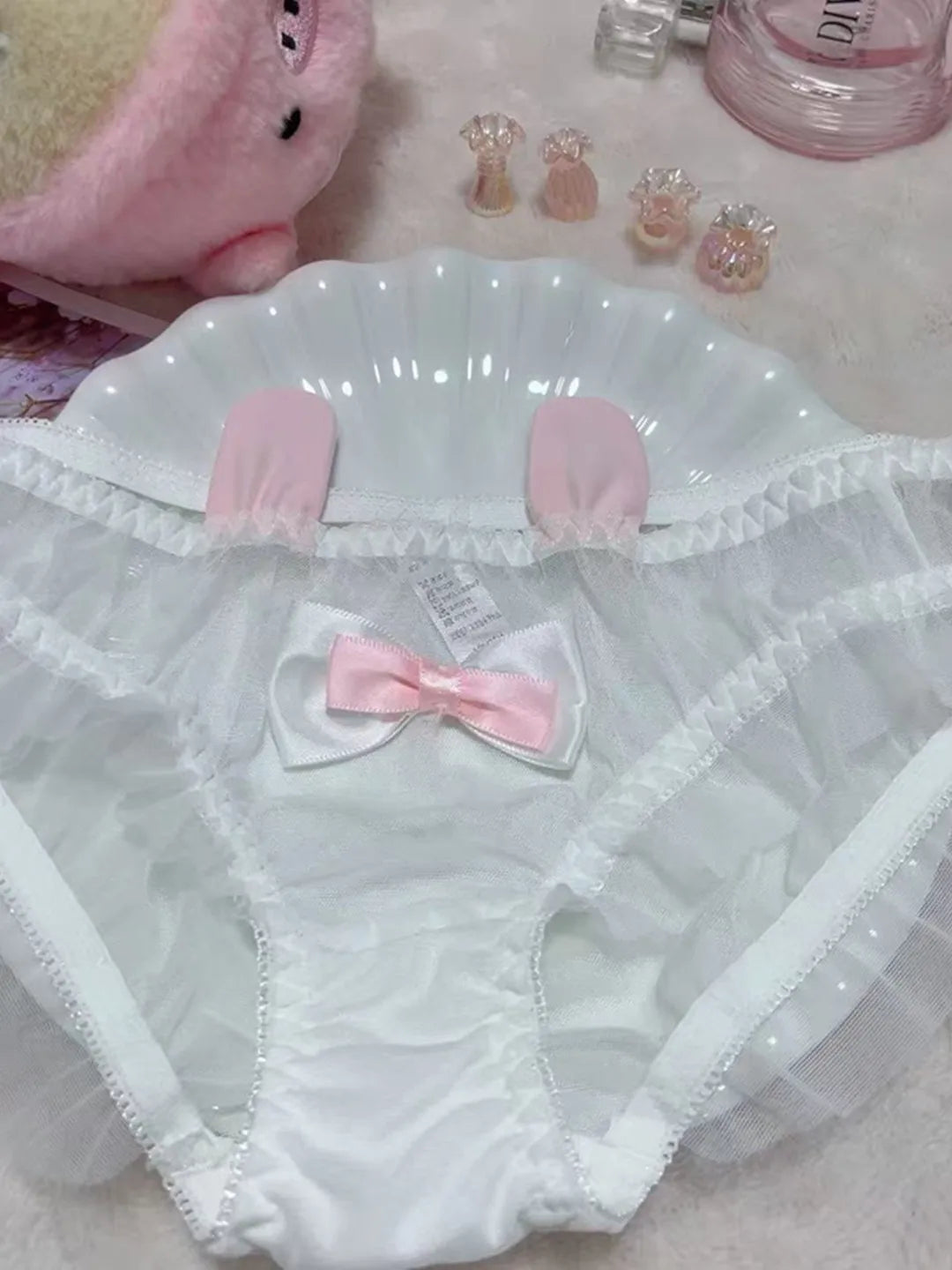 Cute Knot Lace Pink Rabbit Sexy Pure Desire Net Panties Low Waist Breathable Quick Dry Comfortable Un...