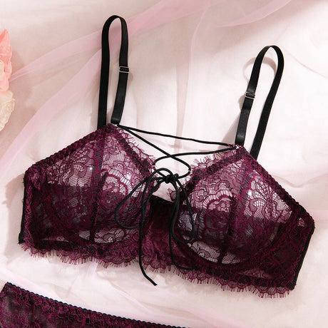 Women's 4-Piece Sheer Lace Lingerie Set Crisscross Strap Bra Garter Belt Long Socks Seductive Intimate Underwear