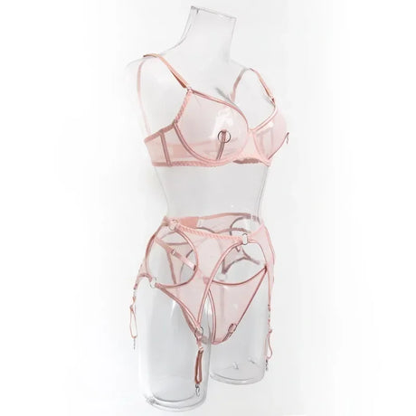 Lingerie Set Sexy See Through Mesh Push Up Bra Contrast Color Metal Ring Decor High Elasticity Two Piece Sexy Lingerie for Women