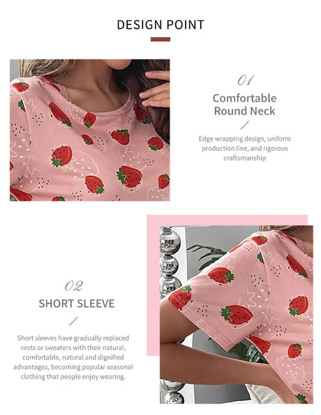 Women's Sleepwear Cute Strawberry Print Pajama Pj Set Summer Short Sleeve Top & Shorts Loungewear Soft Comfortable Home Clothing